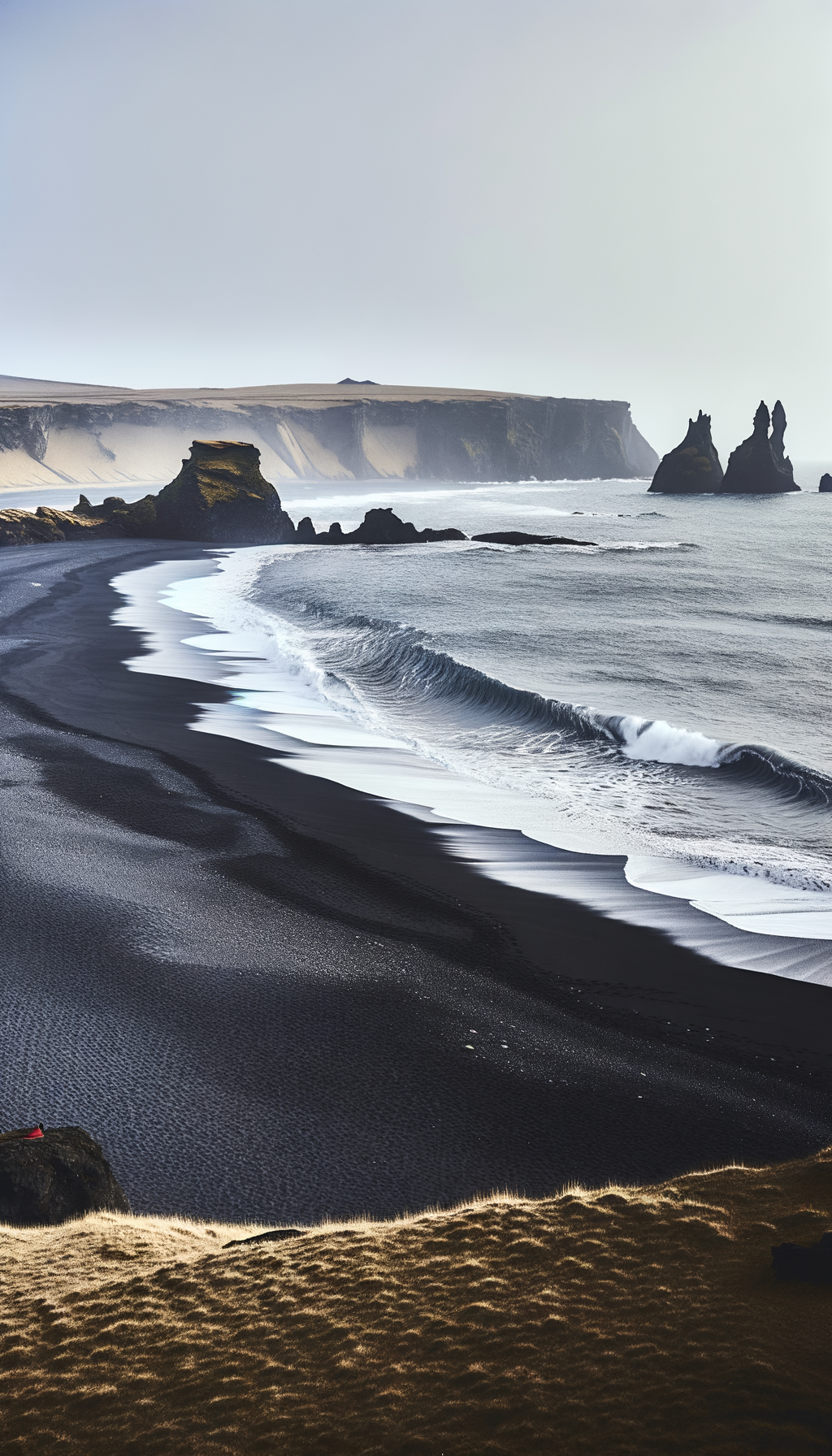 Dramatic volcanic coastline with black sand and waves