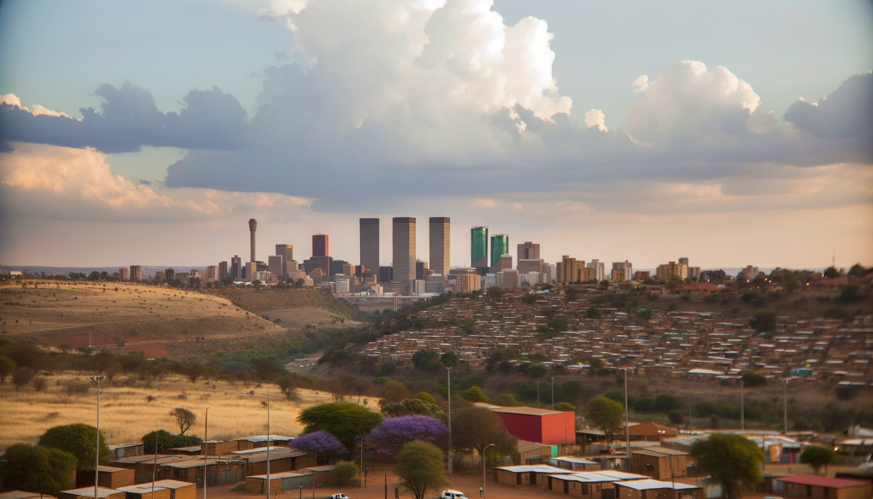 Johannesburg high-rises rising into soft clouds above the highveld