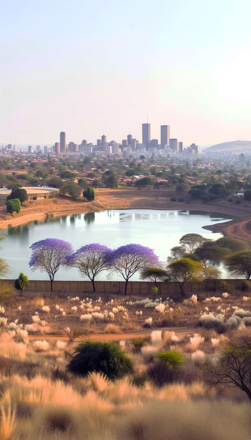 Johannesburg skyline with a reservoir and distant ridges in the haze
