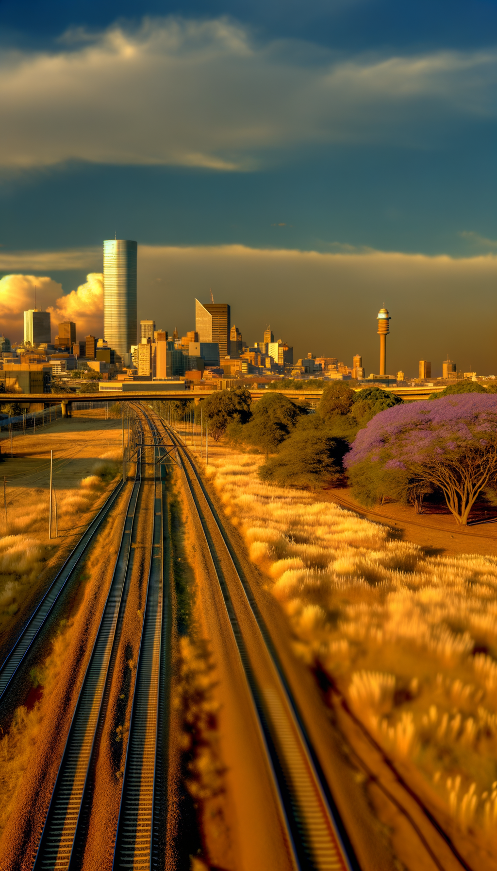 City view from a bridge — rail lines and towers in late-day light