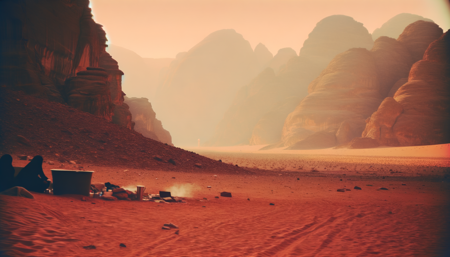 Wadi Rum desert landscape with sandstone mountains under hazy sky