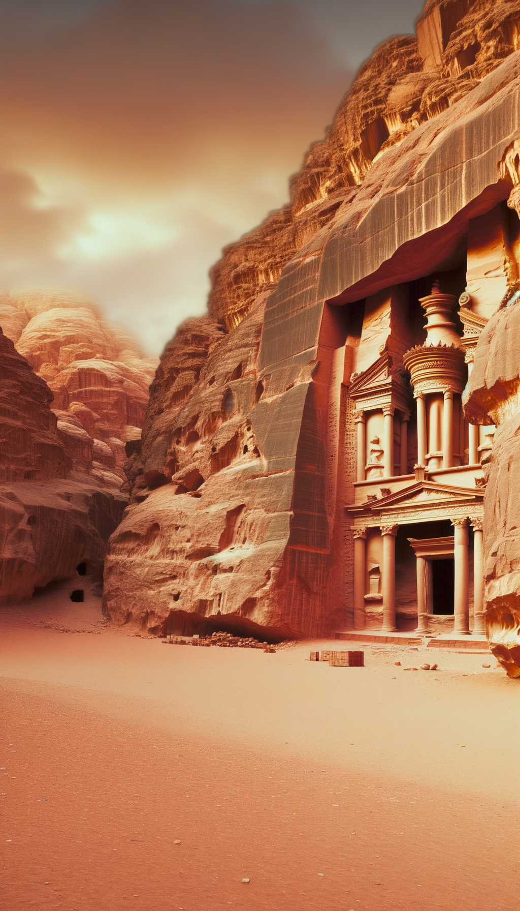 Ancient carved sandstone façade high on a cliff at Petra