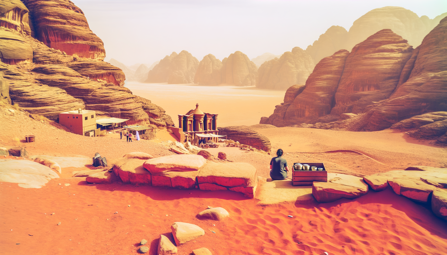 Traveler on a sandstone outcrop overlooking Wadi Rum’s desert expanse