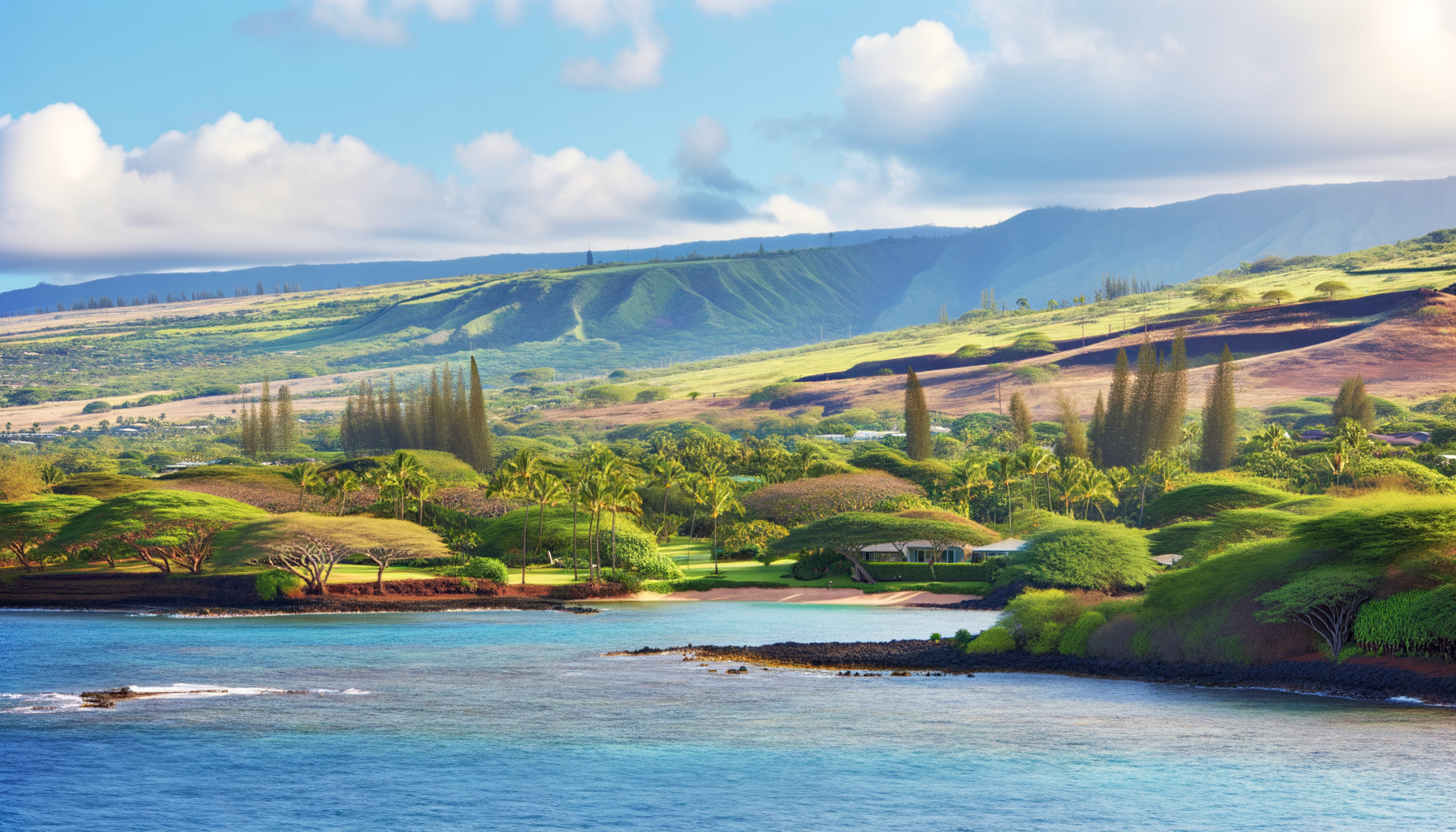 Tropical Hawaiian coastline with clear water and greenery