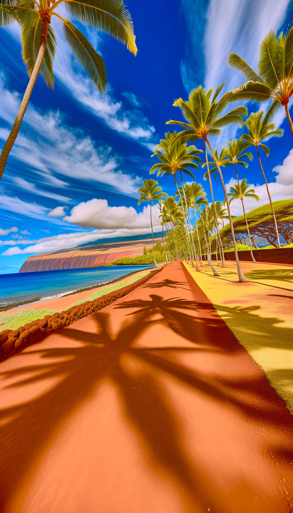 Tropical beach path with palm trees and blue sky