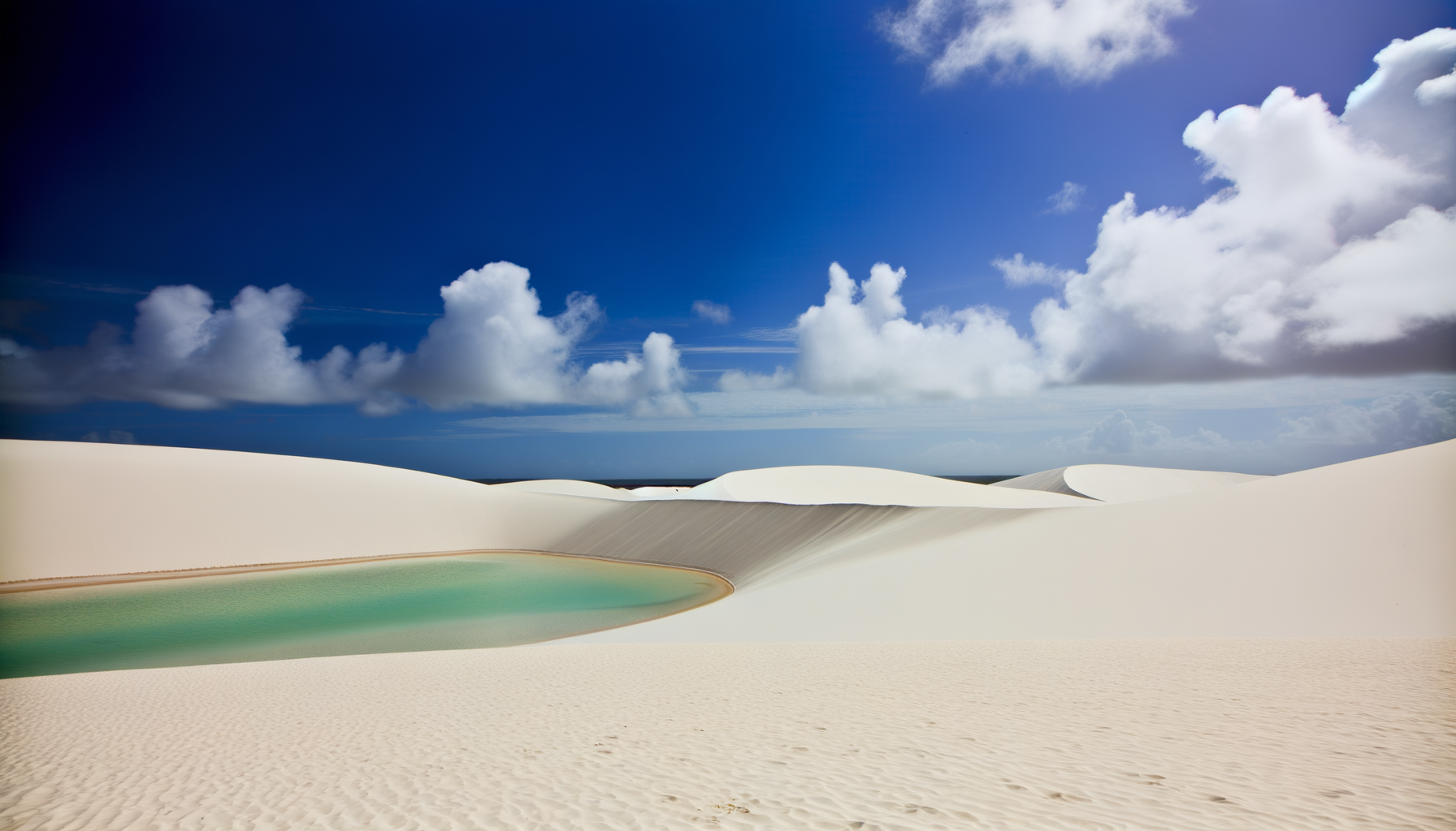 Sweeping white dunes and blue lagoons under a clear sky