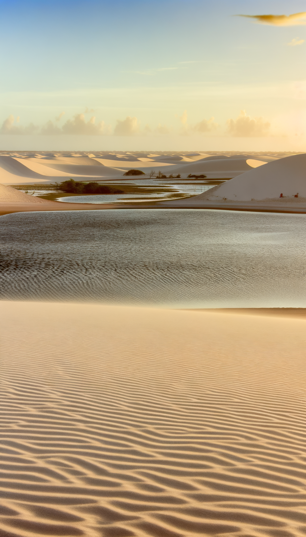 Golden light on dunes and lagoons at the end of the day