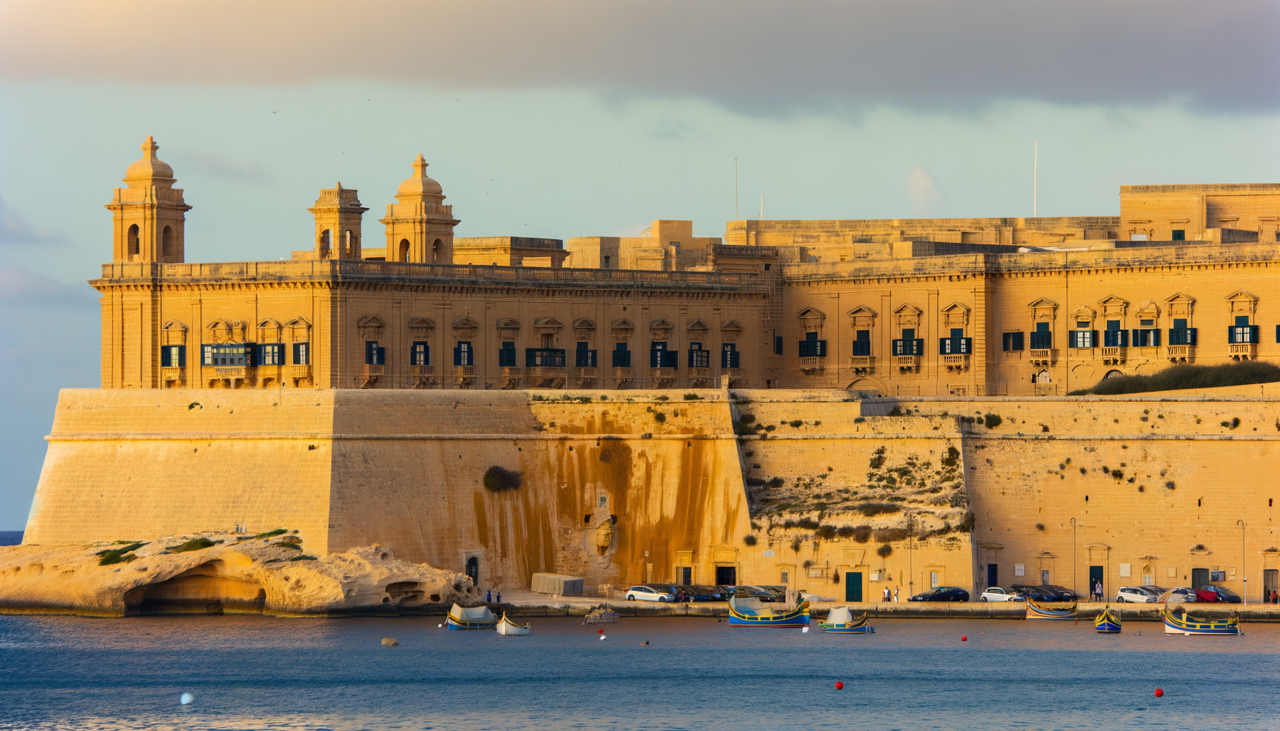 Historic coastal fortifications and golden stone architecture by the sea