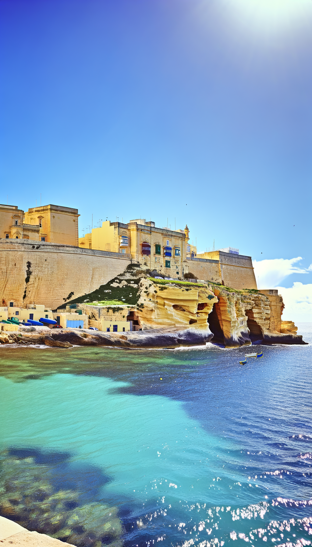 Coastal cliffs and clear turquoise sea under bright sky