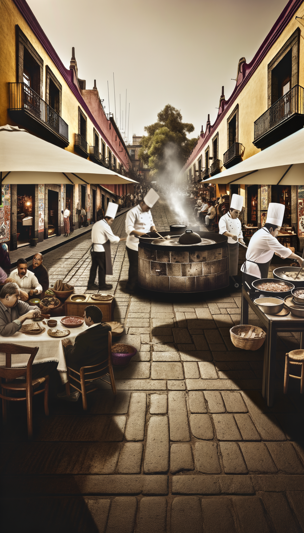 Open kitchen with cooks preparing food as diners watch