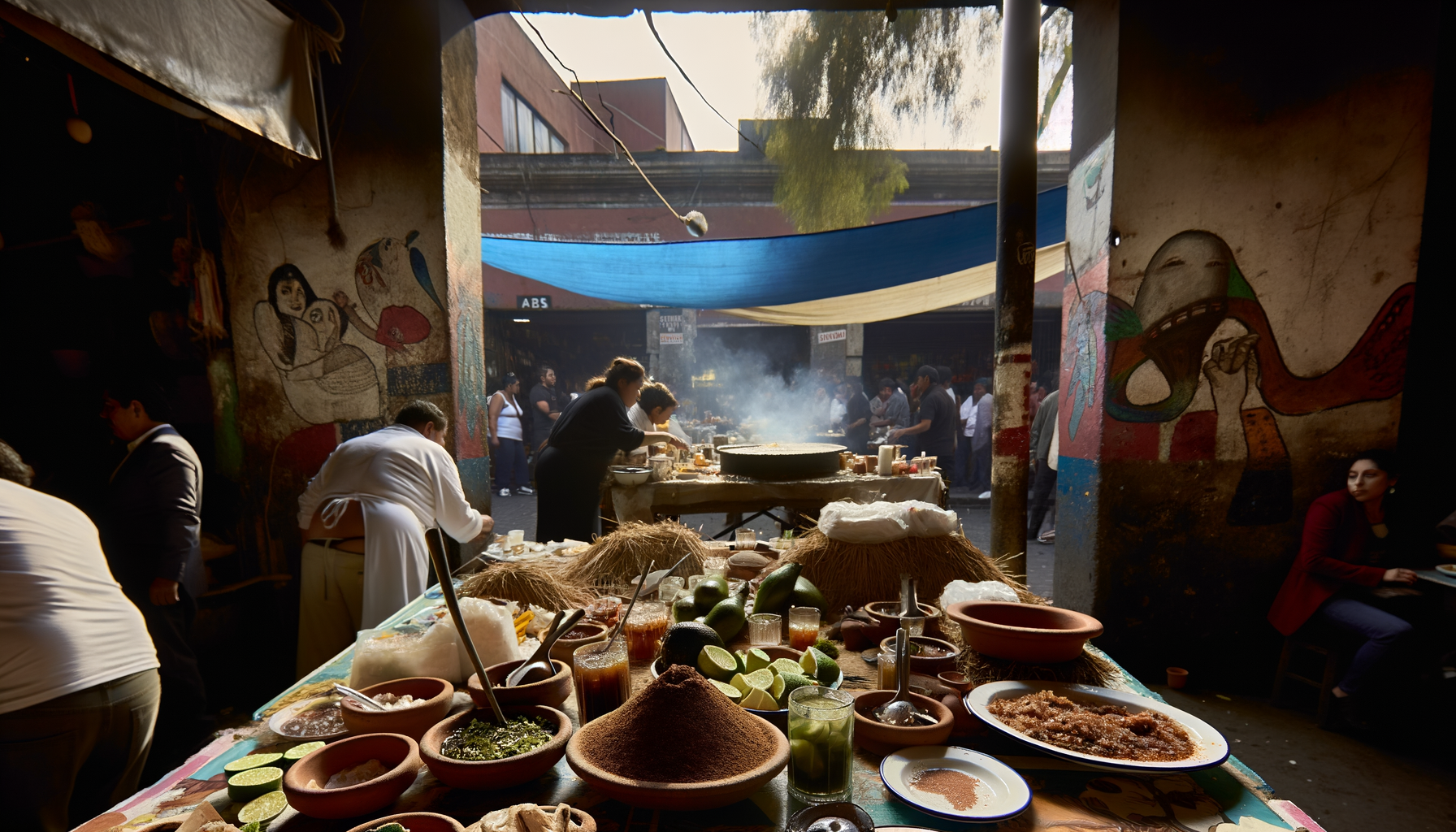 Festive table spread with dishes and garnishes for a shared meal