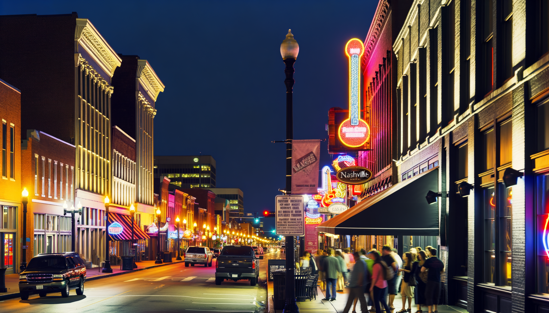 Broadway at night with neon honky-tonk signs and pedestrians, downtown Nashville
