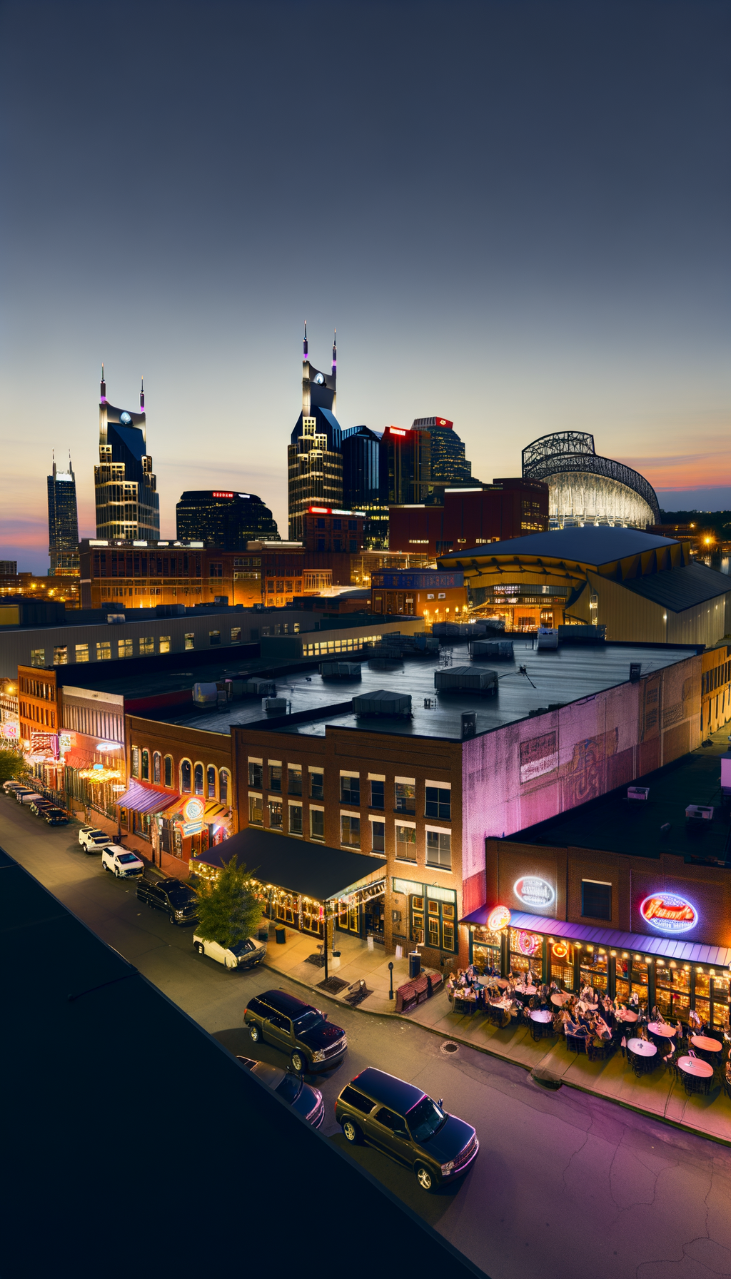 Downtown Nashville skyline at sunset with the riverfront and stadium, Music City