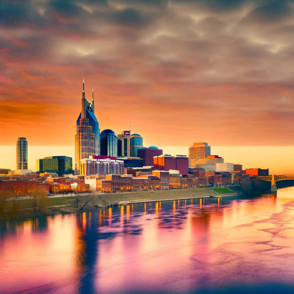 Cumberland River and Nashville skyline at sunset, orange sky over Music City