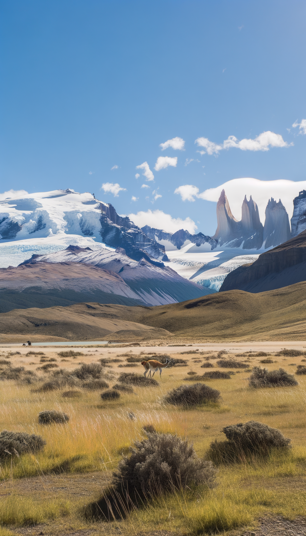Open grassland toward distant snow-capped summits