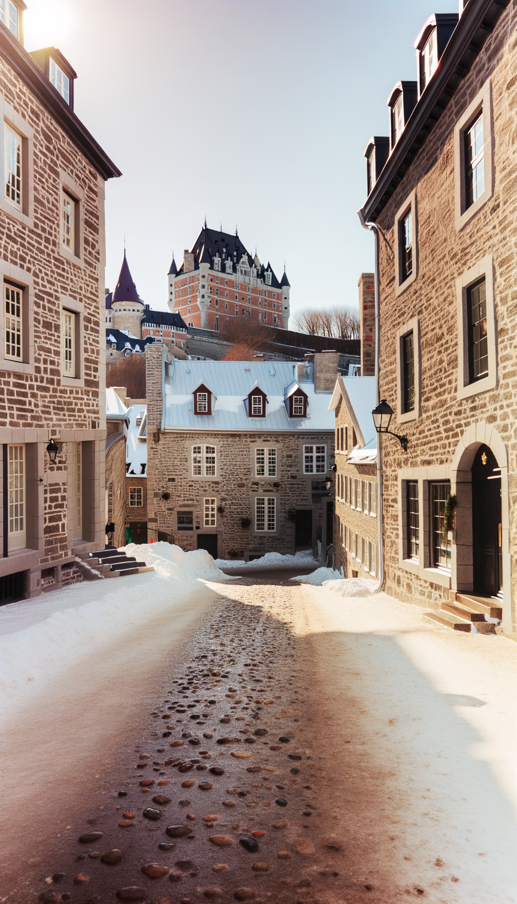 Snow-covered historic street in old Quebec with stone buildings