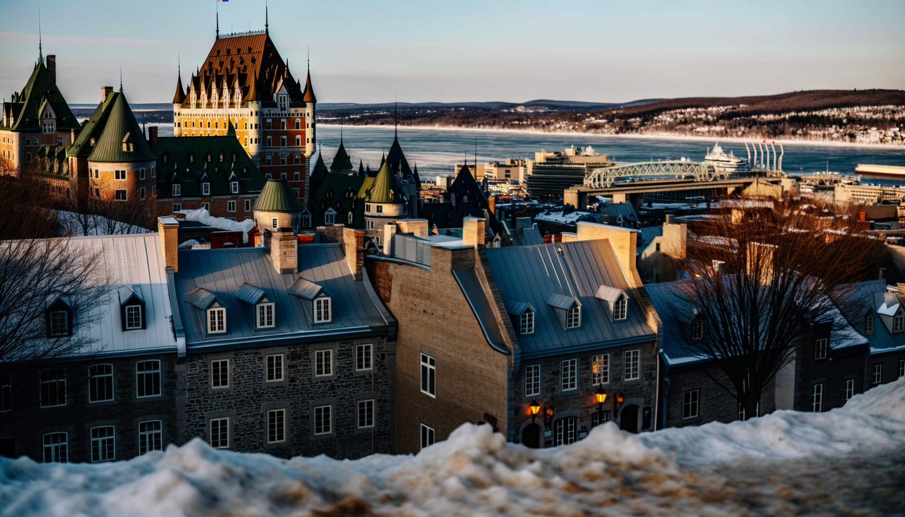 Château Frontenac and old city rooftops at golden hour