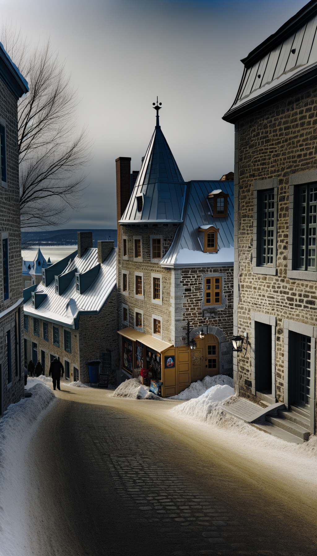 European-style cobblestone street with shops and historic architecture