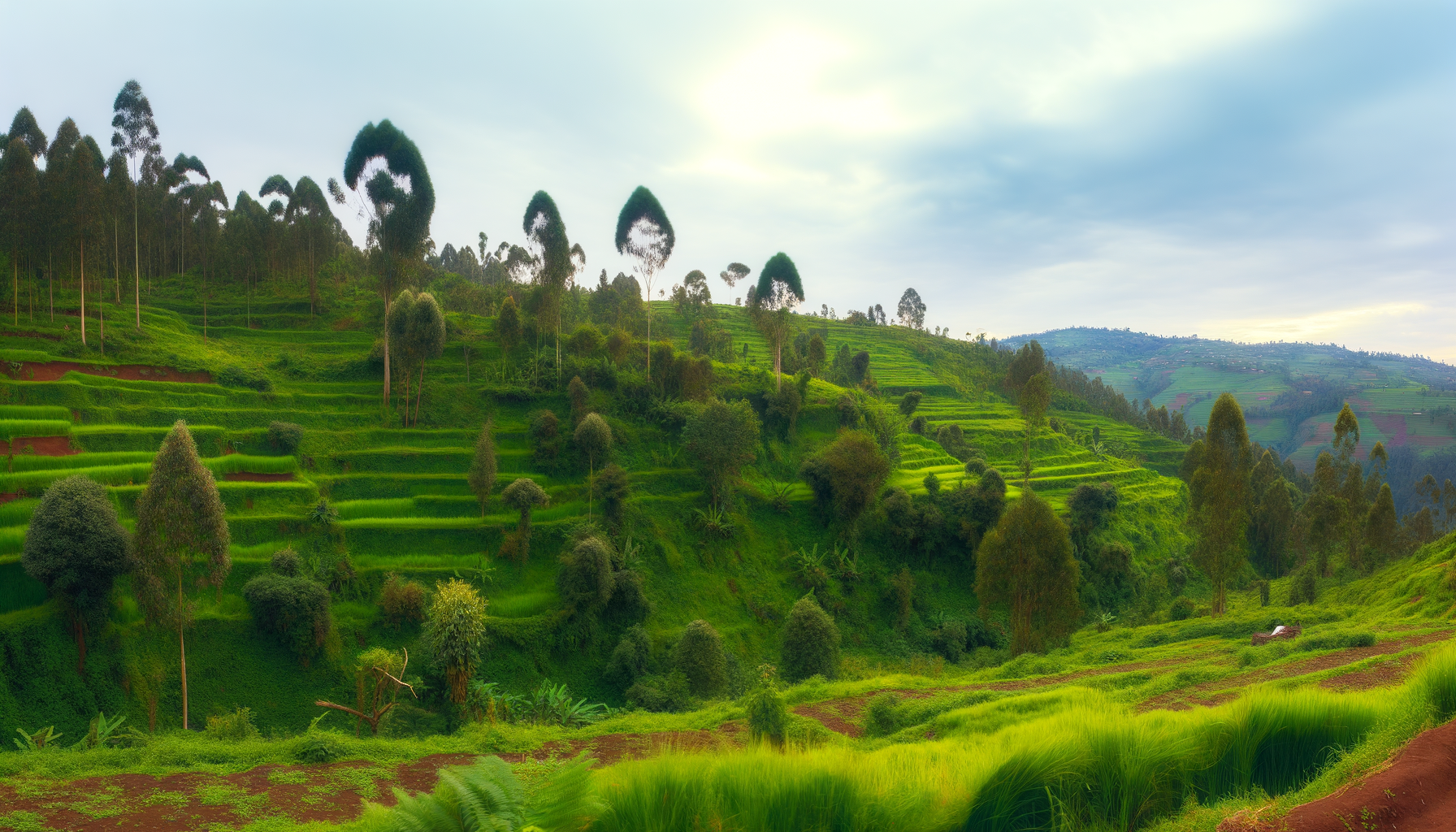 Lush green Rwandan hillside covered in trees under soft sky