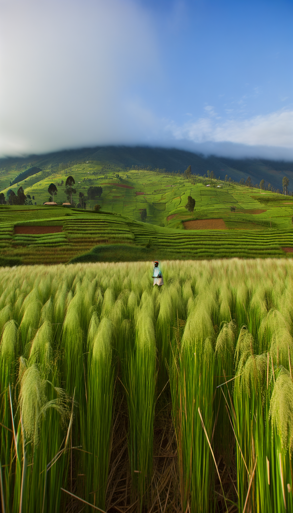 Figure in tall grass with rolling green Rwandan hills behind