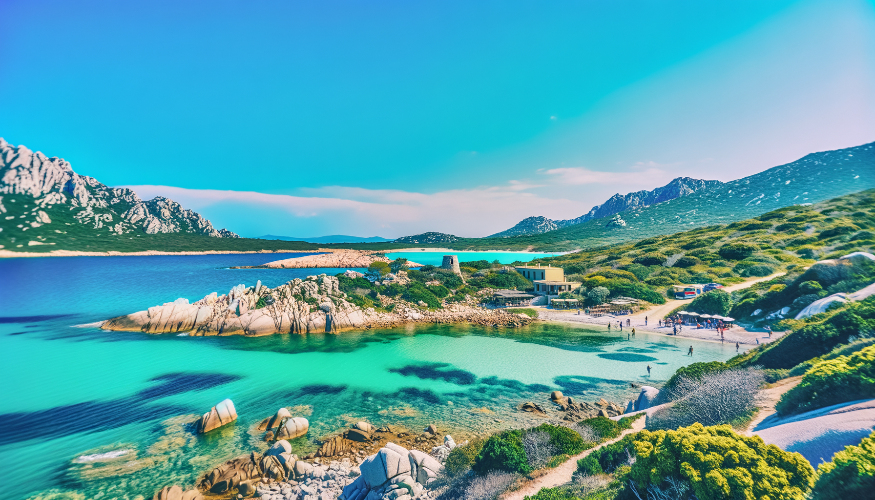 Turquoise bay ringed by mountains and Mediterranean scrub