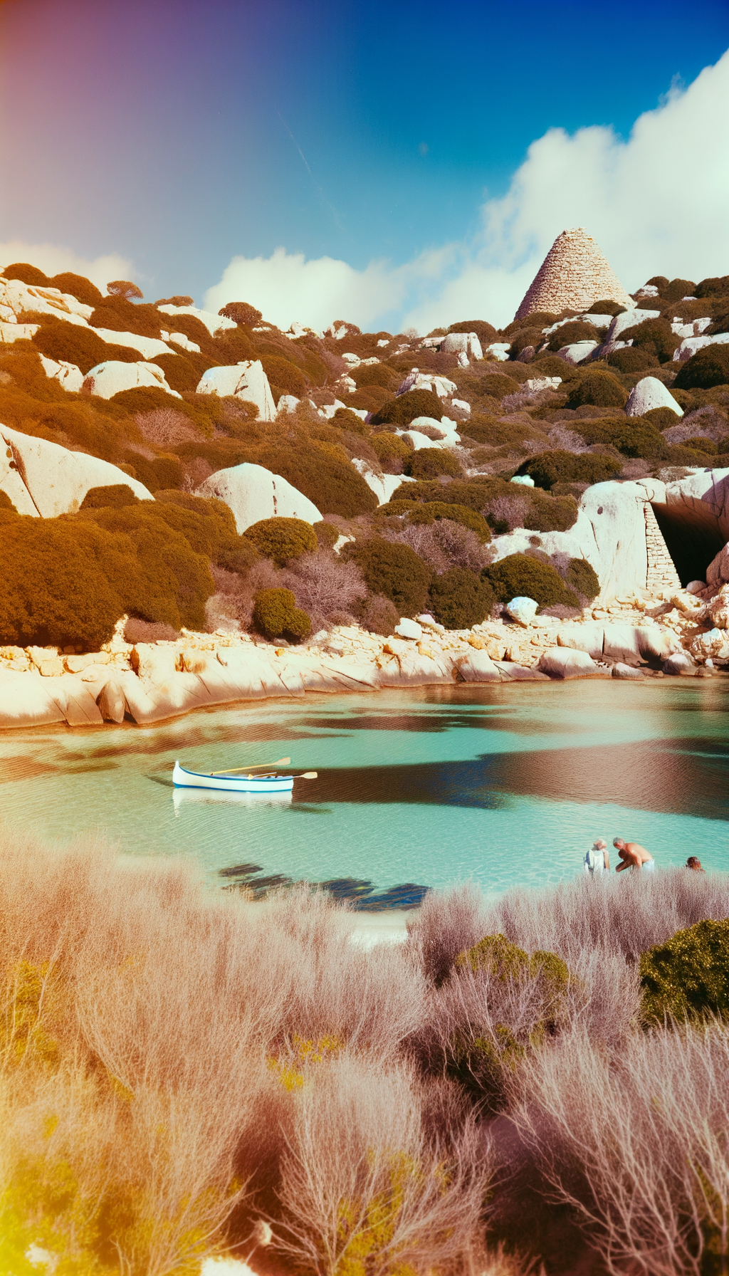 Small boat in a sea cave with turquoise water