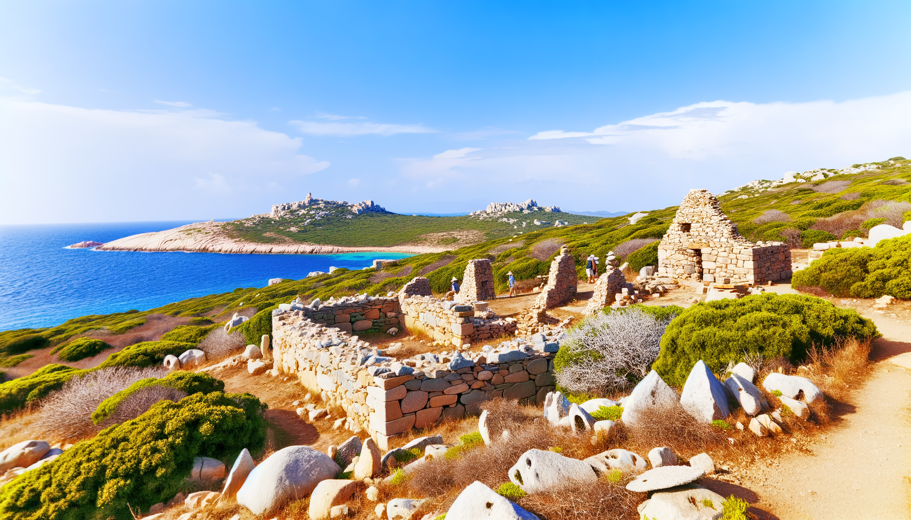 Ancient stone ruins on a headland above bright blue Mediterranean water