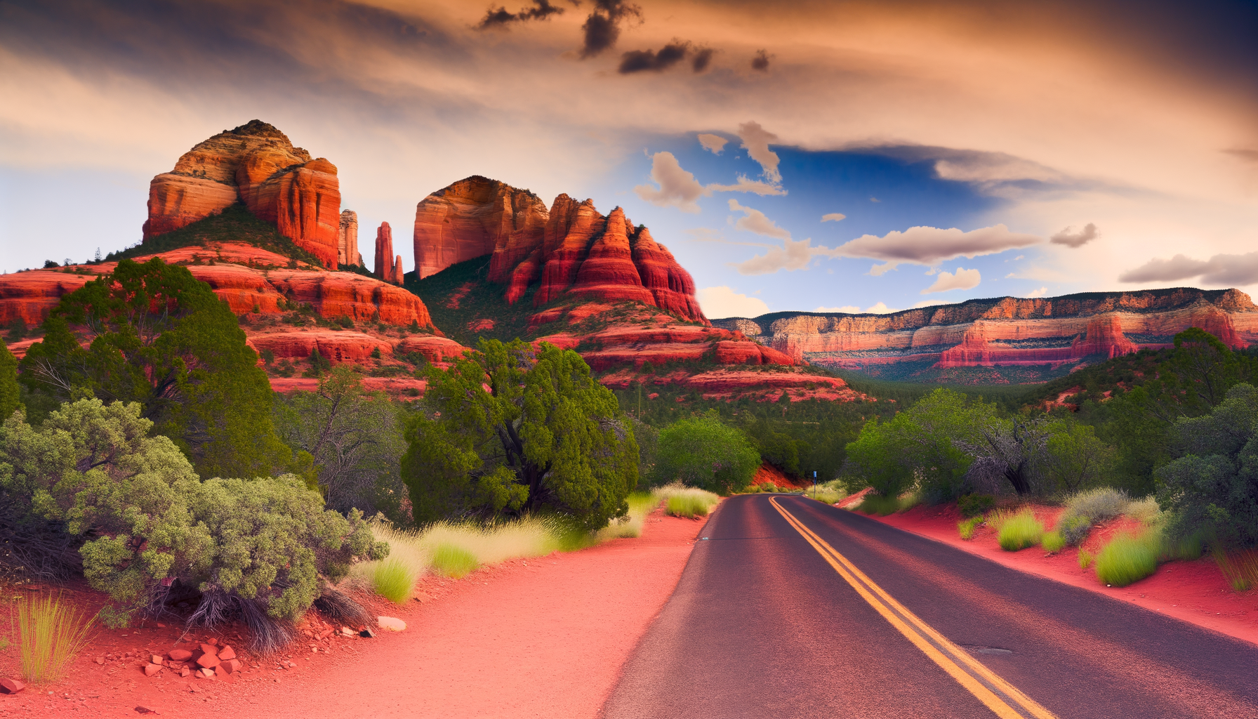 Open road toward red sandstone cliffs under a bright desert sky