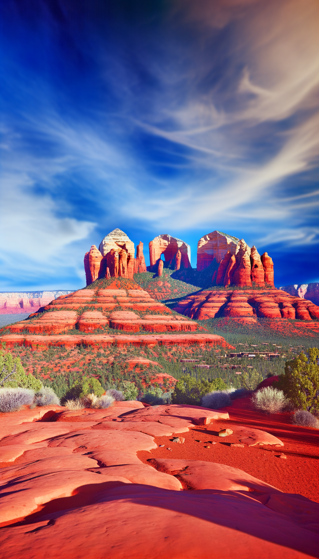 Sandstone buttes and mesas rising from a red desert floor under blue sky