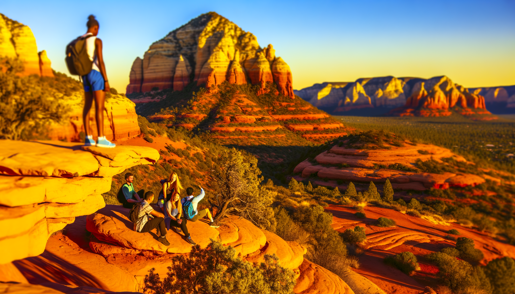 Golden sunset over desert ridges with hikers on a rocky overlook