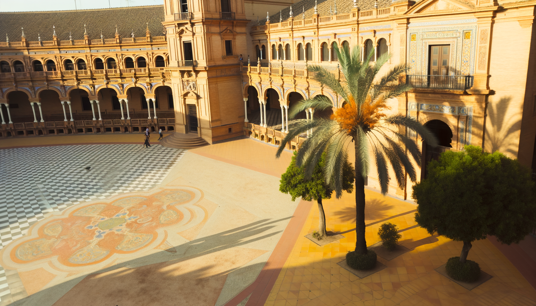 Historic Spanish plaza with ornate architecture and palm trees