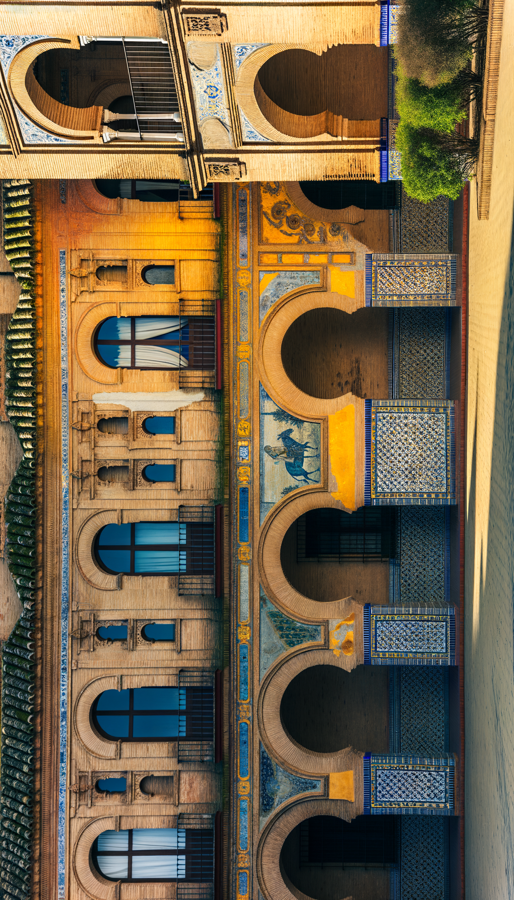 Ornate historic building facade with detailed tile and arches