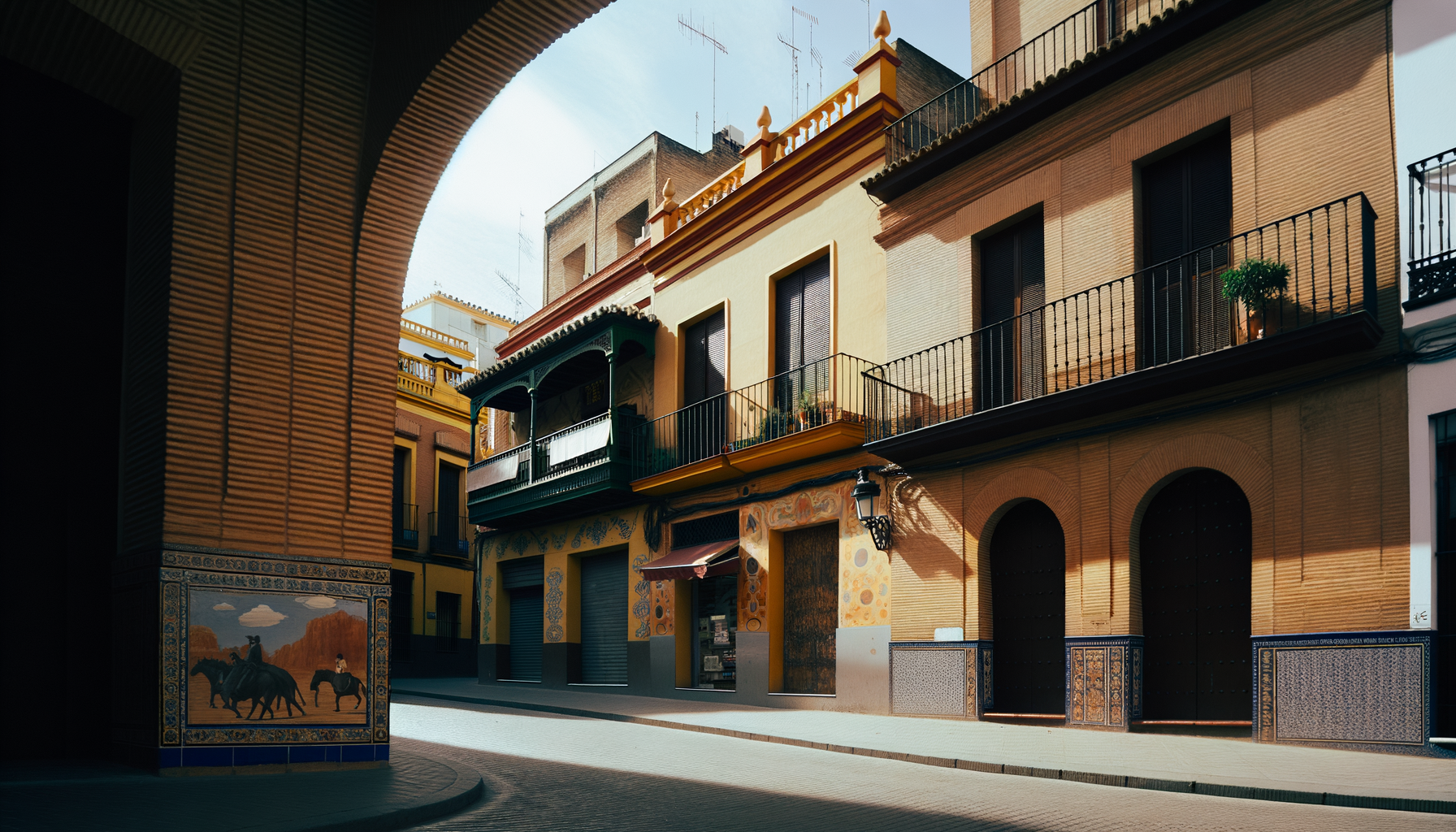Seville street with traditional buildings and warm sunlight