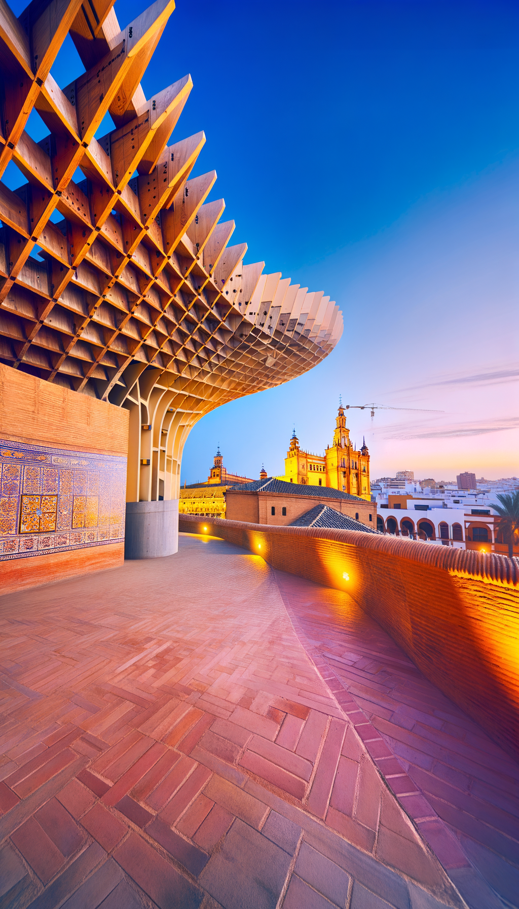 Iconic modern wooden structure against city skyline at dusk