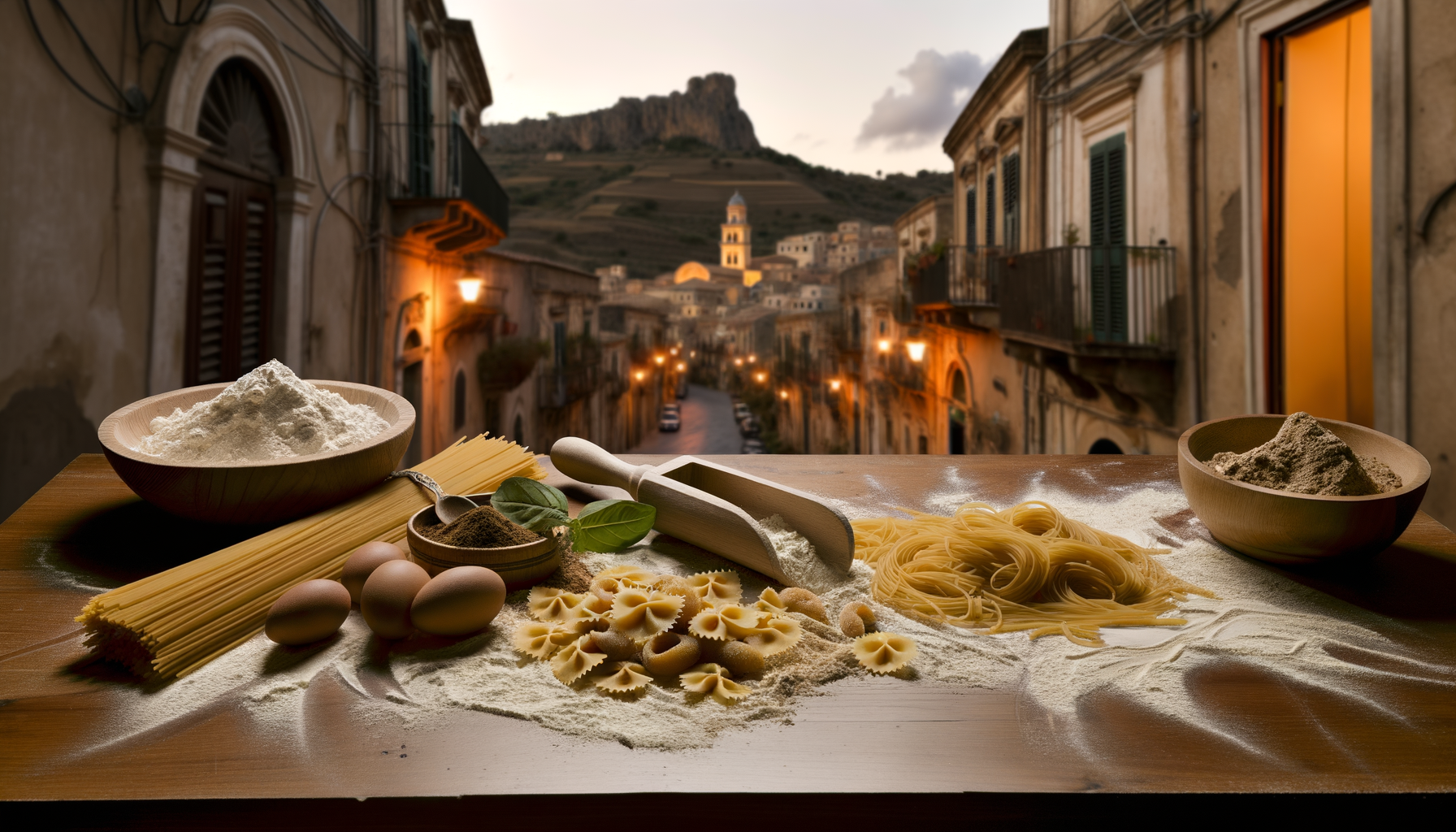 Fresh pasta and flour on a wooden kitchen surface