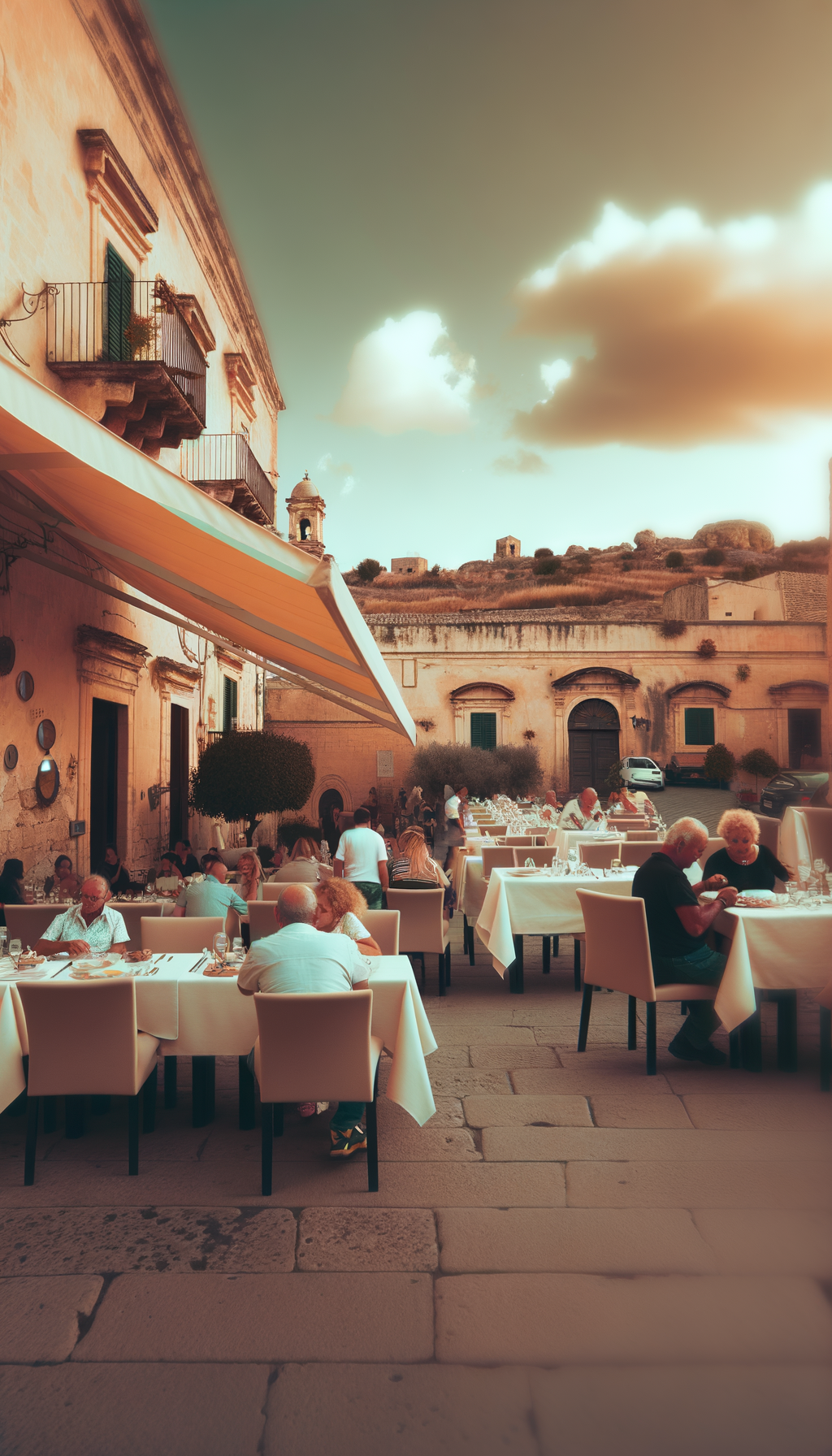 Restaurant terrace with tables at golden hour
