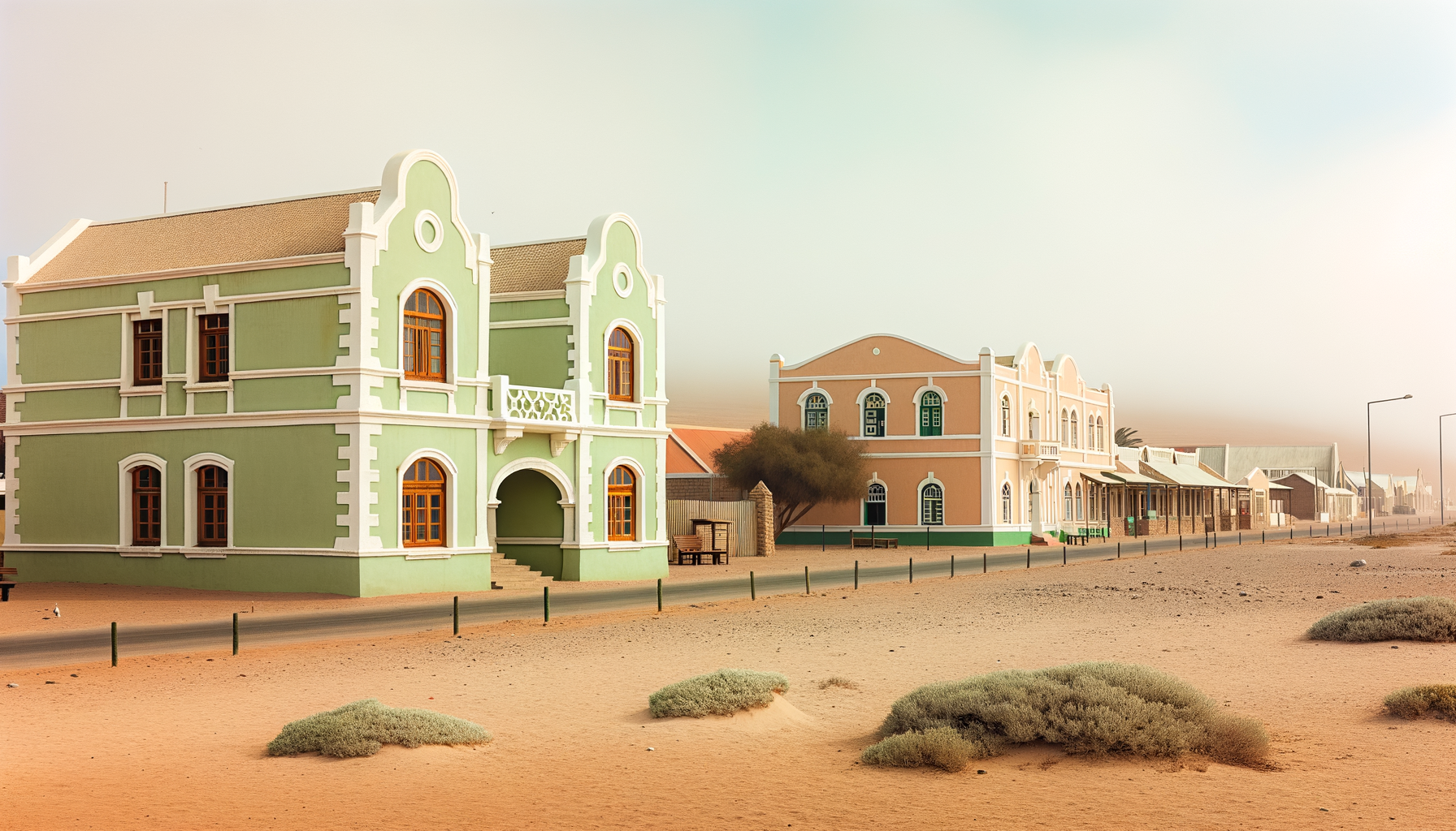 Pastel and sage-green façades under a soft sky in central Swakopmund