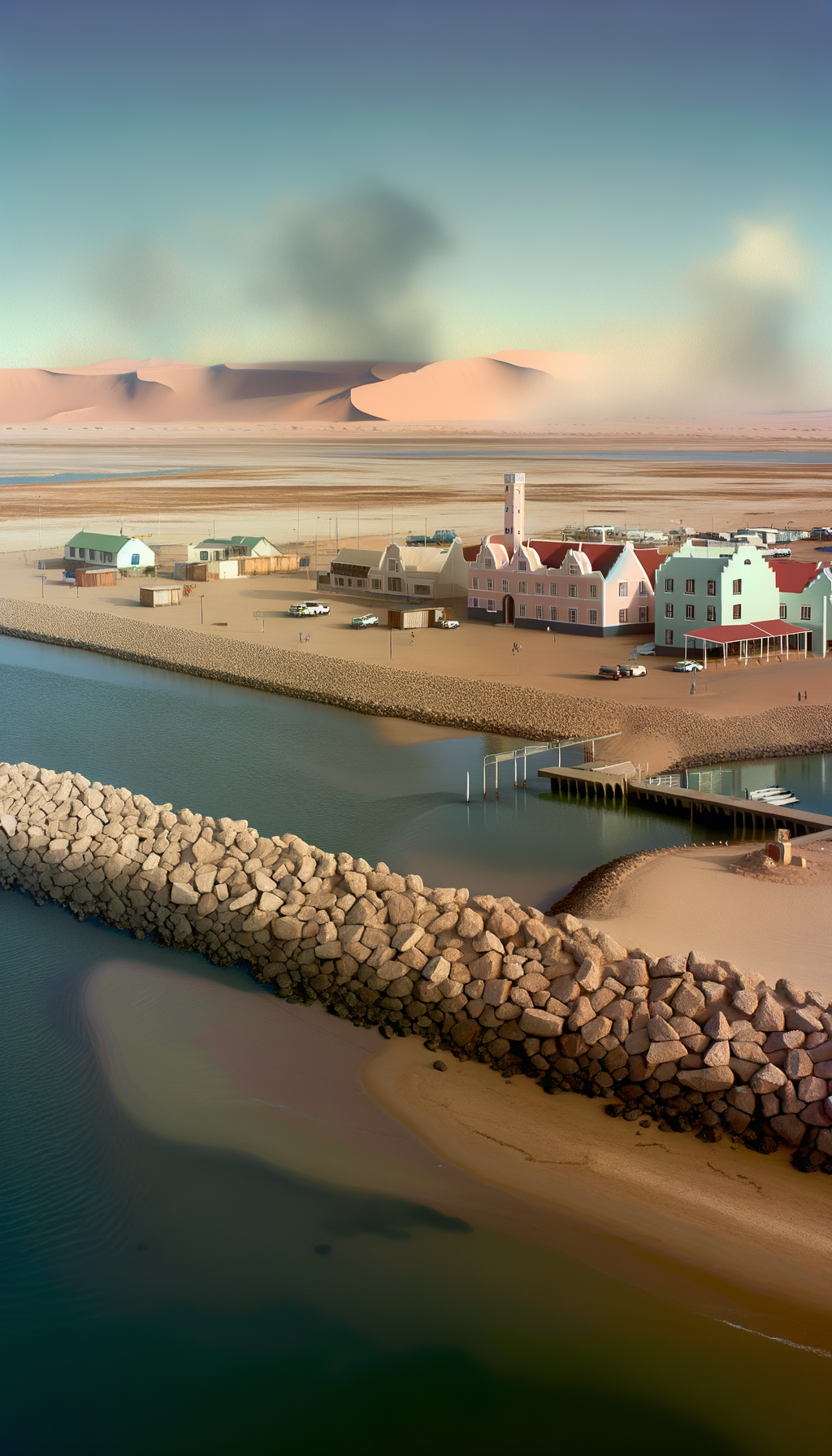 Aerial view of Swakopmund waterfront, rock breakwater, and town against the Namib