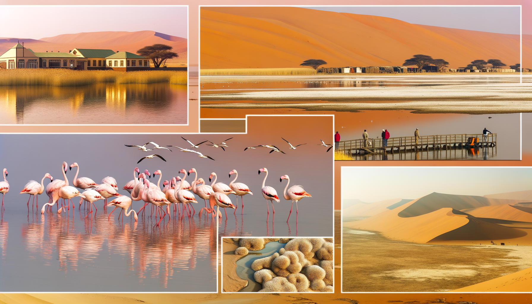 Pink flamingos and lagoon shallows at Walvis Bay