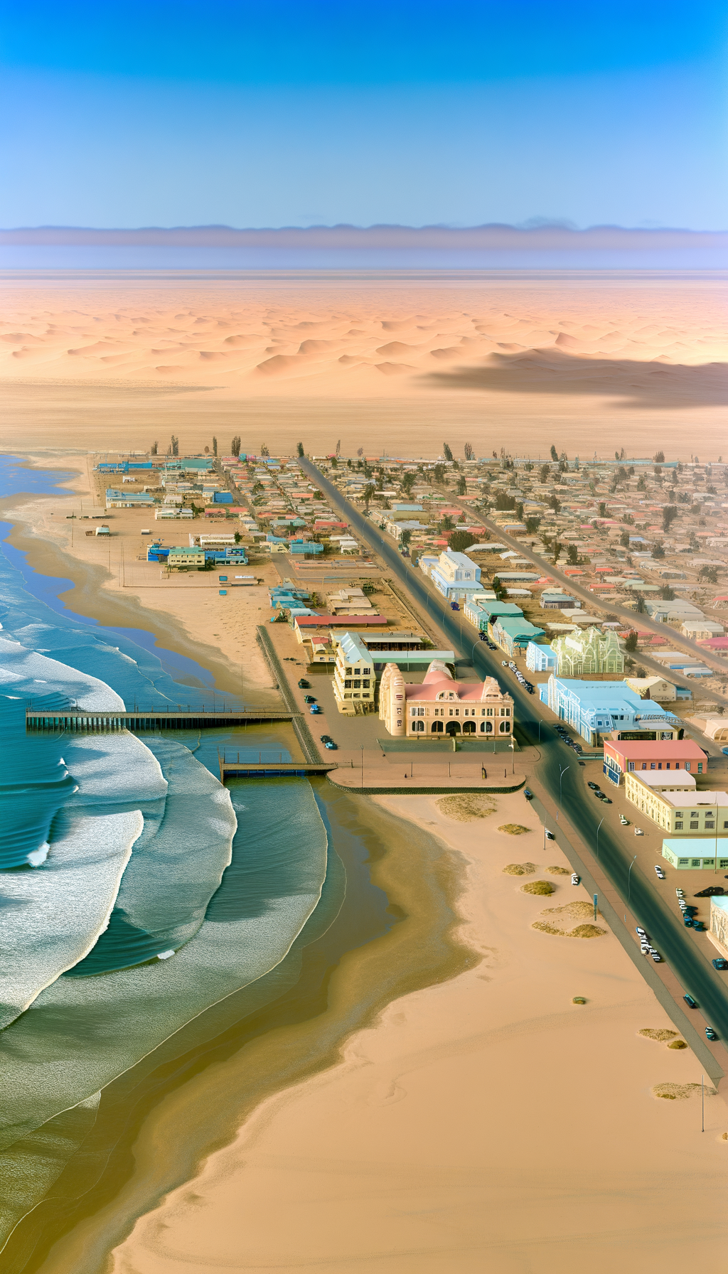 Aerial view of Swakopmund pier pylons and turquoise Atlantic surf