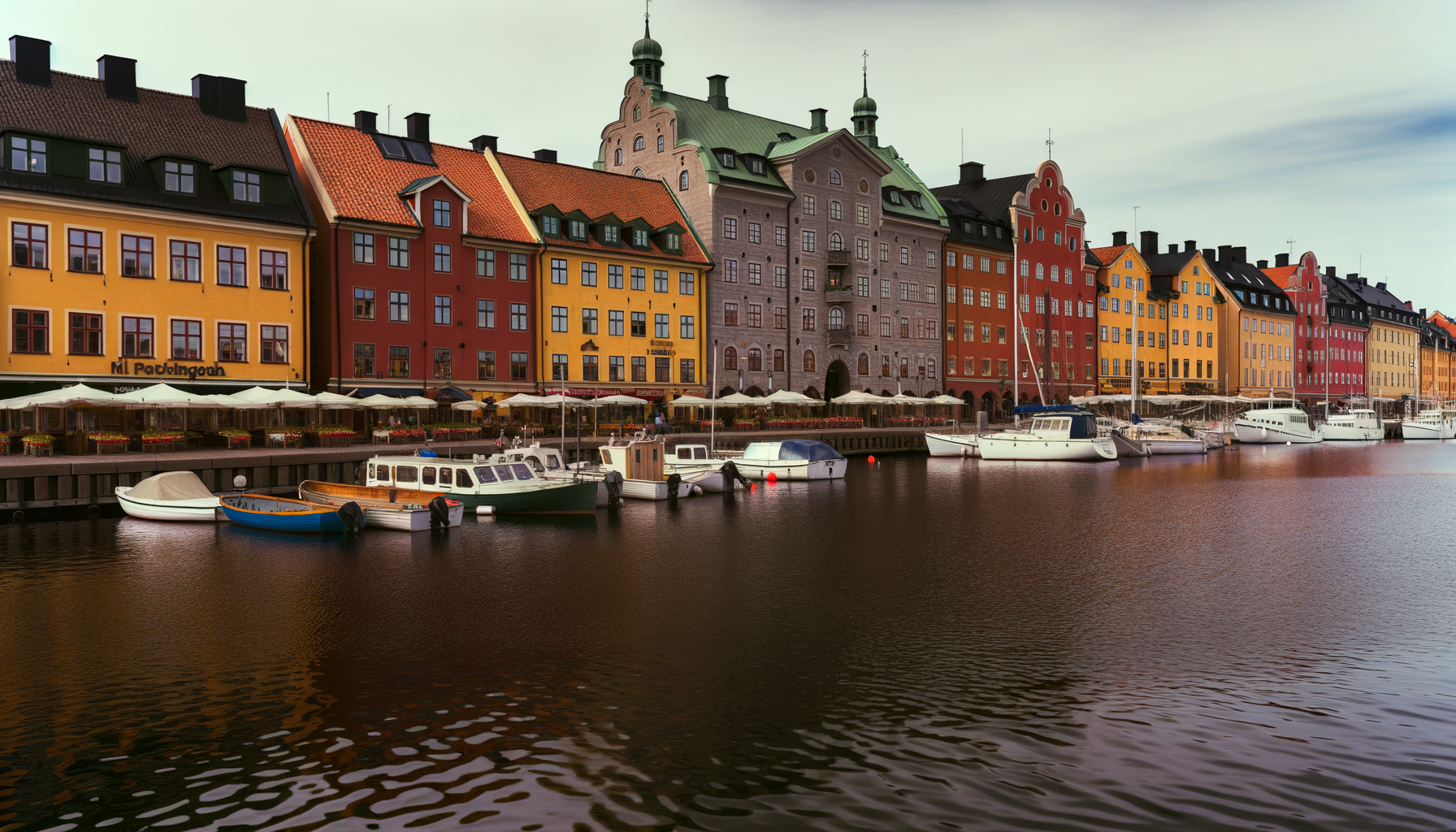 Colorful waterfront buildings along a Scandinavian harbor