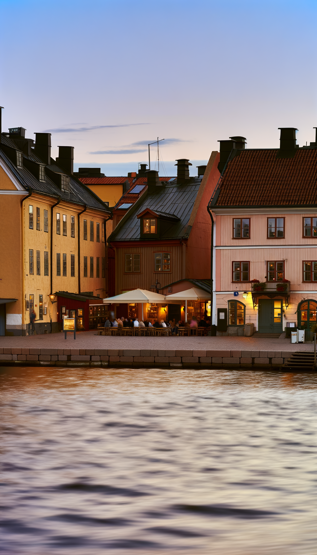Historic city waterfront at dusk with soft lights