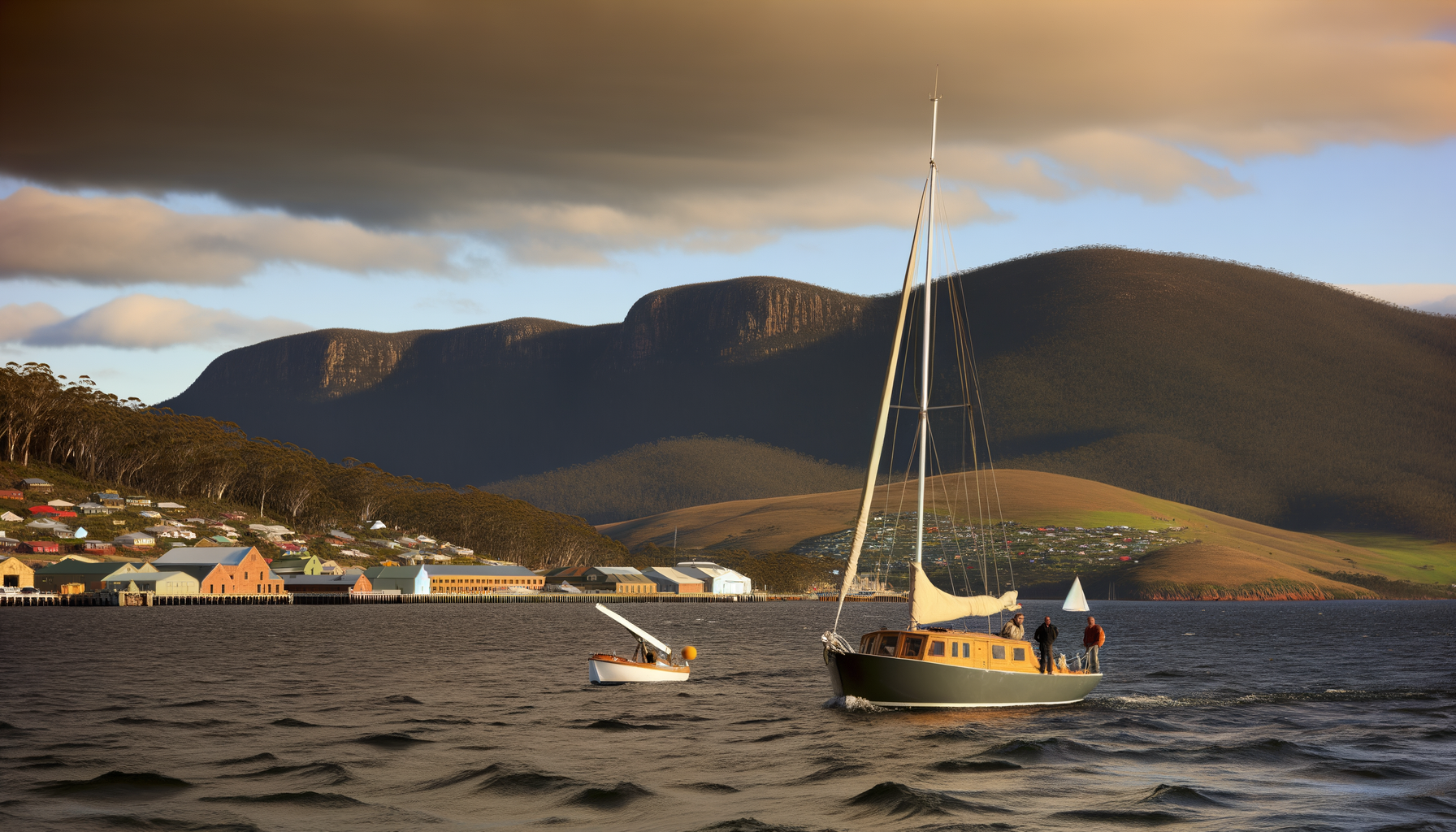 Sailboat and small craft on the Derwent estuary with Hobart’s hills in the distance