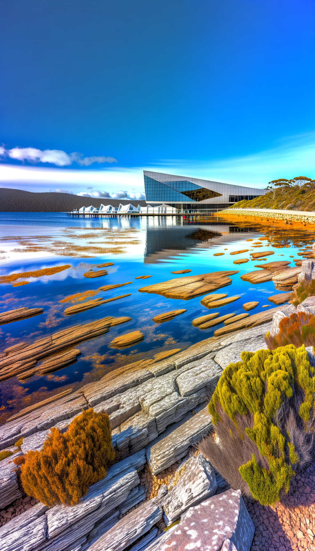 Modern museum building with reflective facade above water