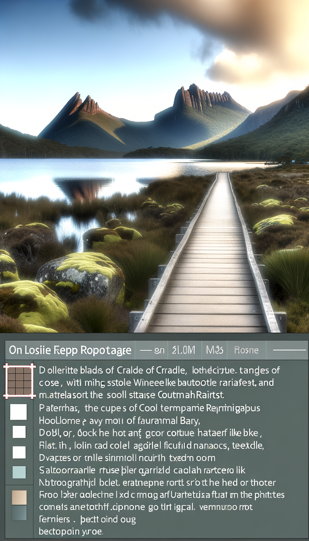 Boardwalk path toward a mountain lake with peaks reflected in still water