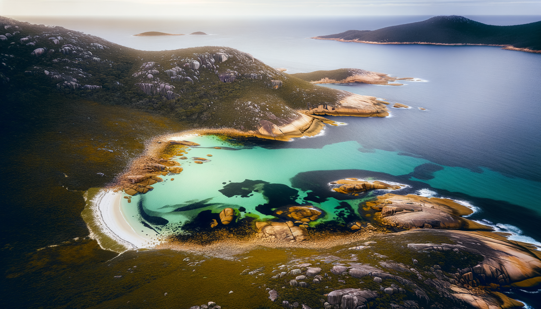 Aerial view of turquoise water and rugged Tasmanian coastline