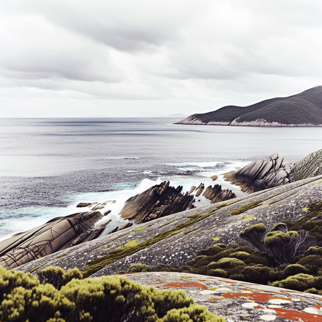 Rocky shoreline and ocean swell along Tasmania’s southern coast