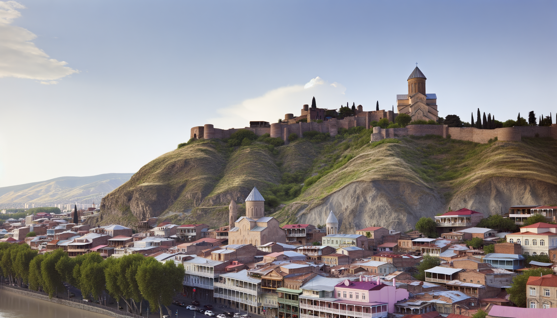 Tbilisi old town climbing a hillside toward the ridge under a clear sky