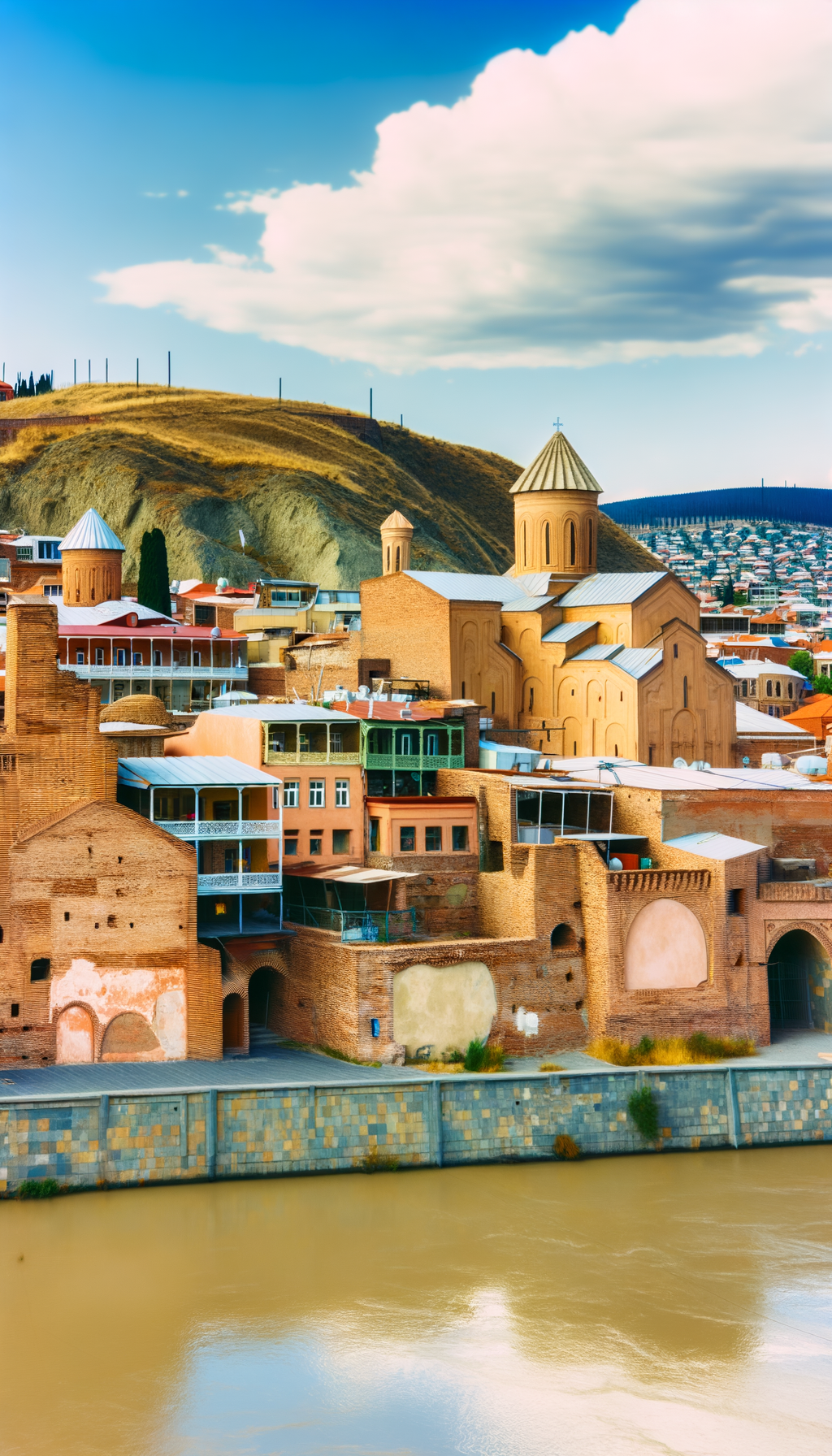 Domed sulfur baths and balconied brick in Abanotubani
