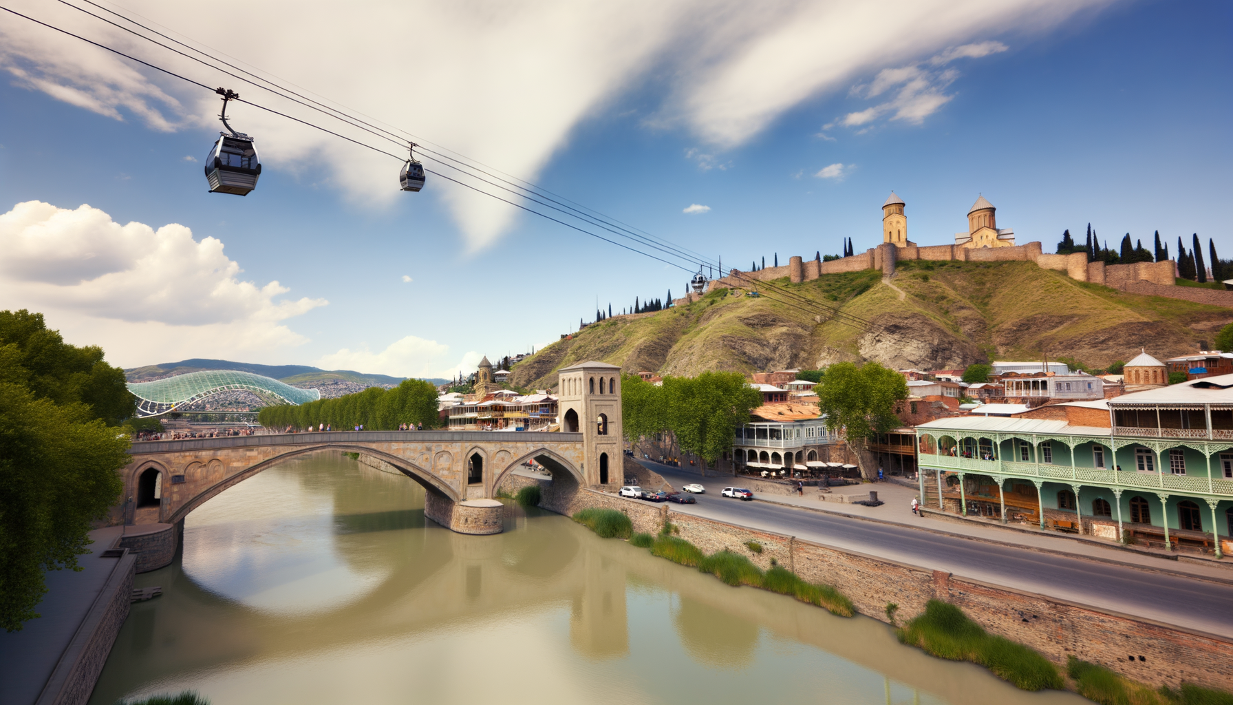 Kura River with a stone bridge, cable cars, and old Tbilisi rising on the hillside